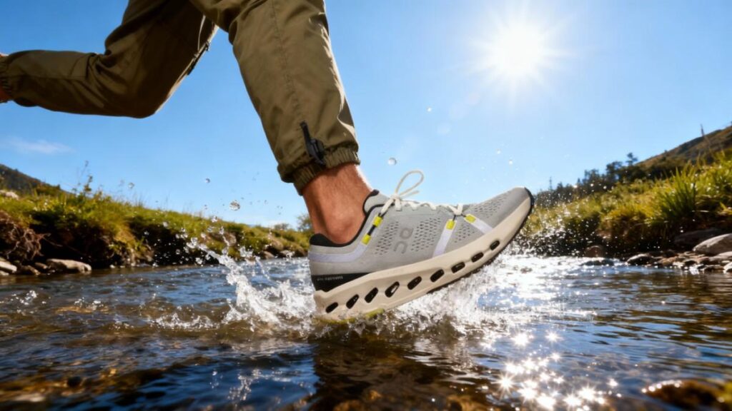 Action shot of hiker's legs wearing On Cloudsurfer 2 while crossing water stream.