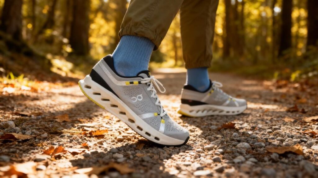 Hiker walking through forest with On Cloudsurfer 2.