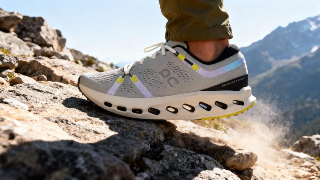 Close-up of hiker's legs wearing On Cloudsurfer 2.