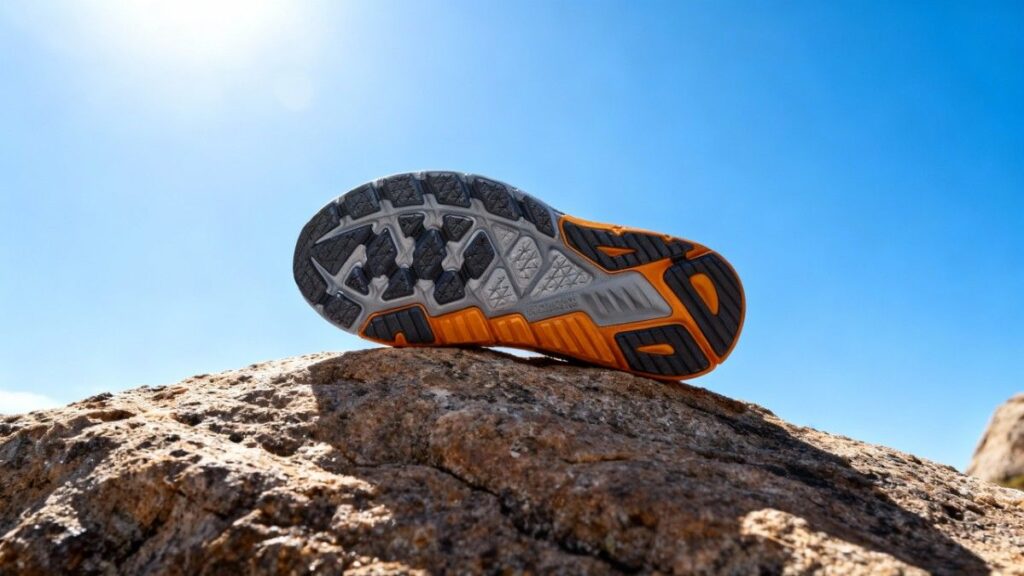 Outsole of HOKA Arahi 6 placed on a rock.