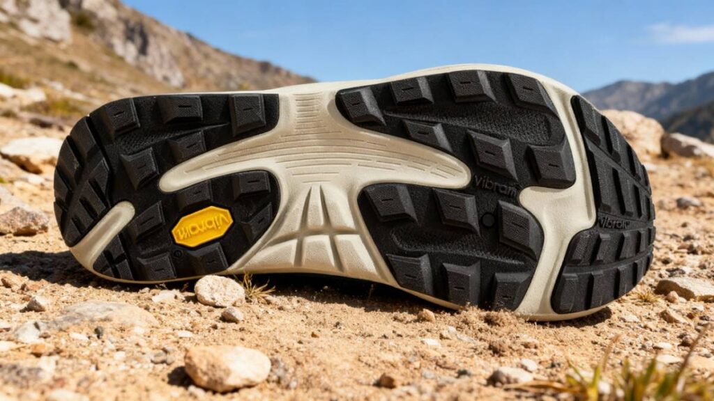 Outsole of Topo Ultraventure 4 placed on a dry mount trail.