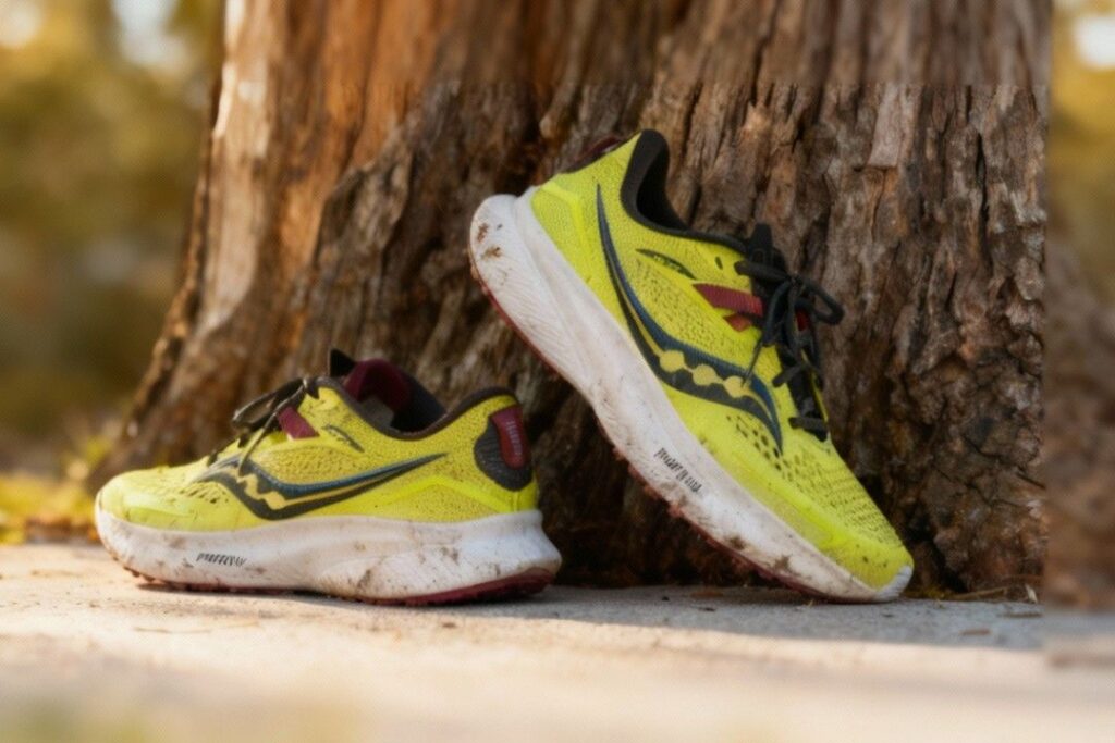 Pairof Saucony Ride 15 placed beside tree trunk.
