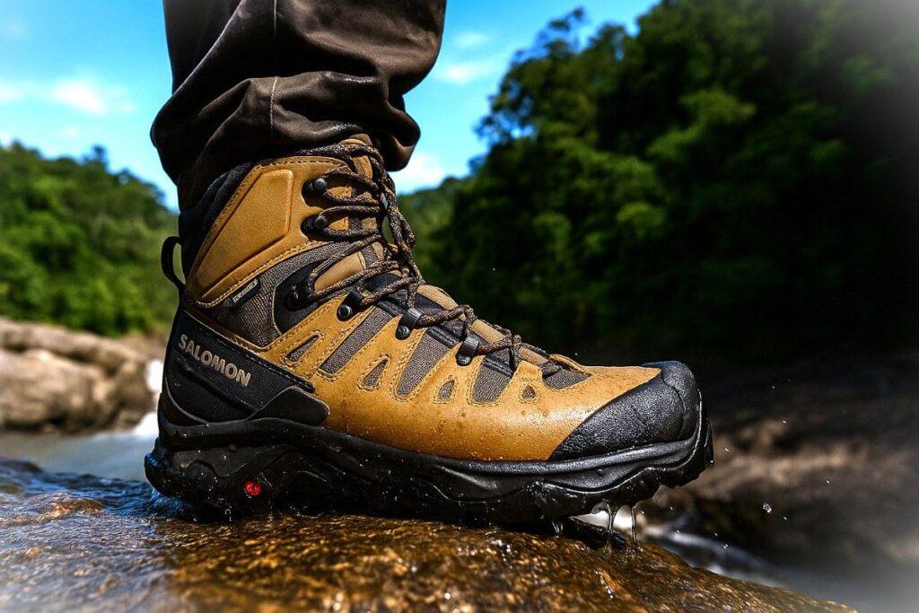 Hiker wearing Salomon Quest 4 GTX and standing firm on rock.
