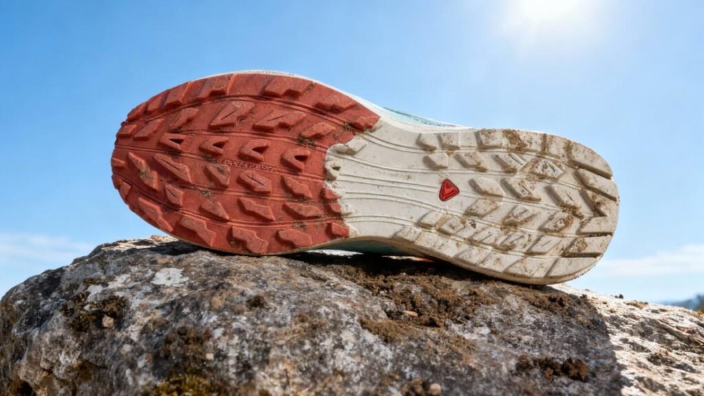 Outsole of Salomon Sense Ride 5 placed on a rock.