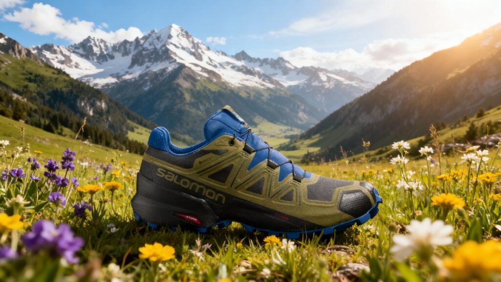 Salomon Speedcross 5 placed on a green mount surface.