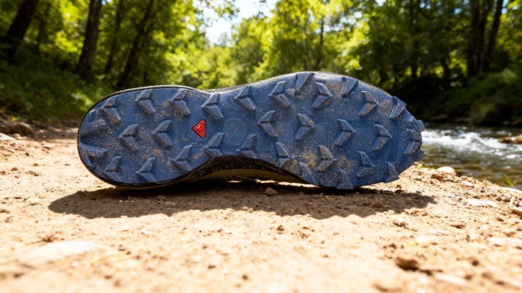 outsole of Salomon Speedcross 5 placed side-by a water stream.