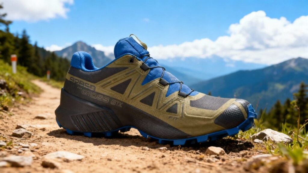 Side-view of Salomon Speedcross 5 placed on a mount trail.