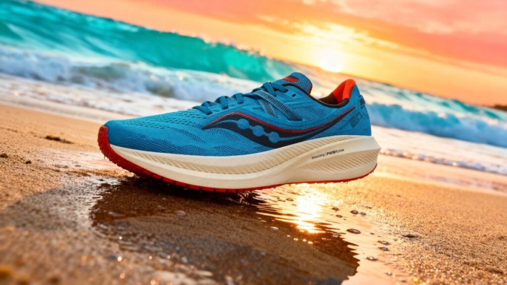 Saucony Triumph 20 placed on a beach.