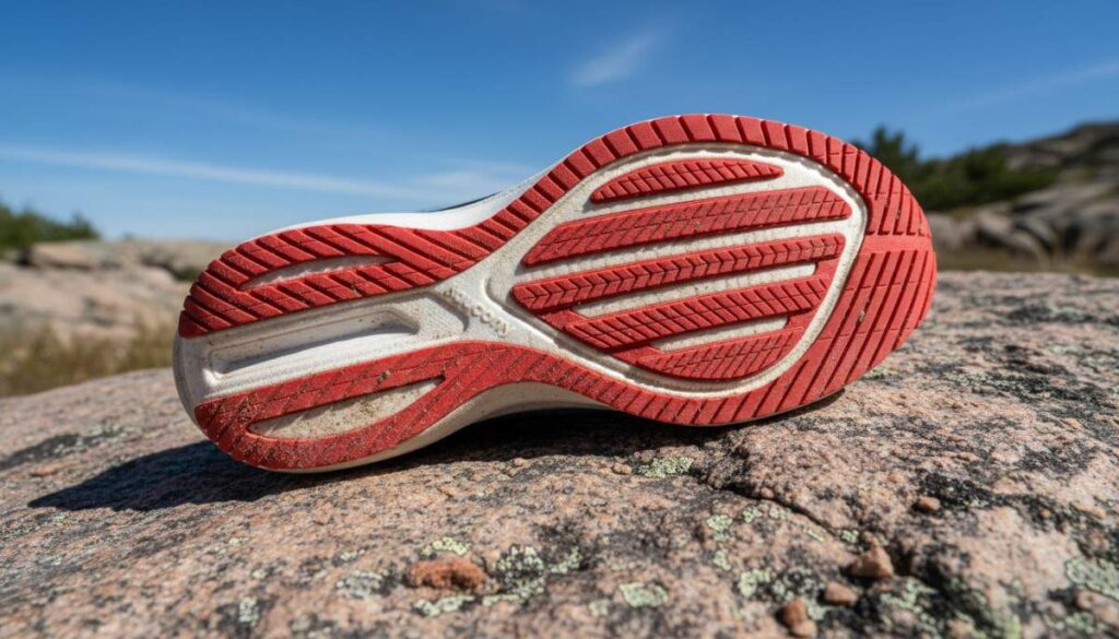 Outsole of Saucony Triumph 20 placed on a rocky surface.