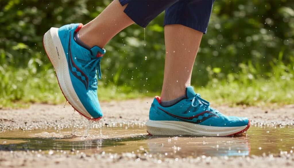 Hiker walking through water with Saucony Triumph 20.