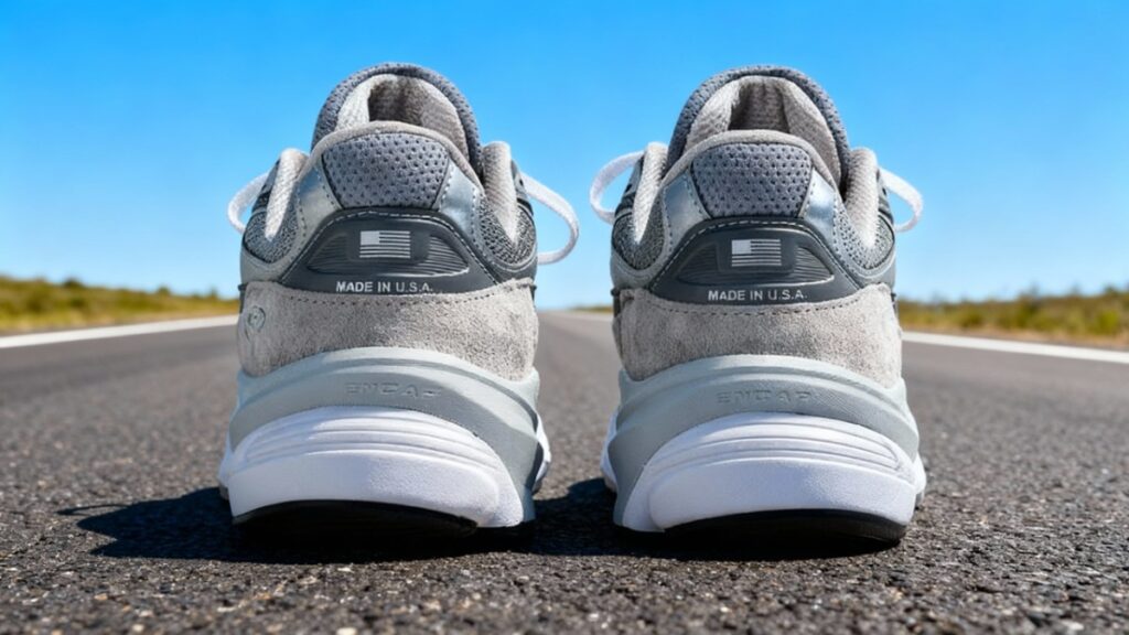Back-view shot of New Balance 990v6 placed on a road trail.