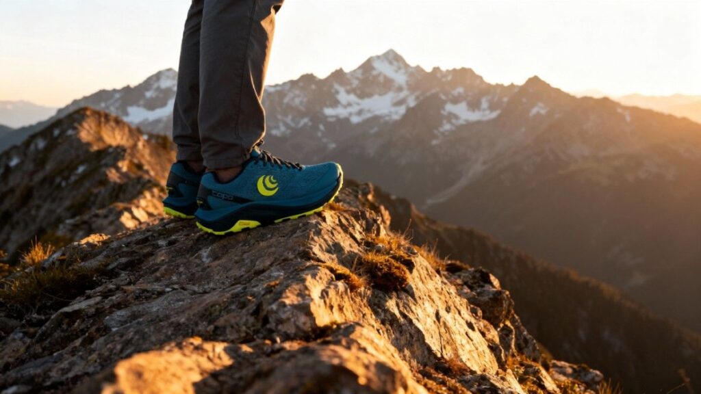 Hiker's legs shot wearing Topo Ultraventure 3 while standing on a mount top.