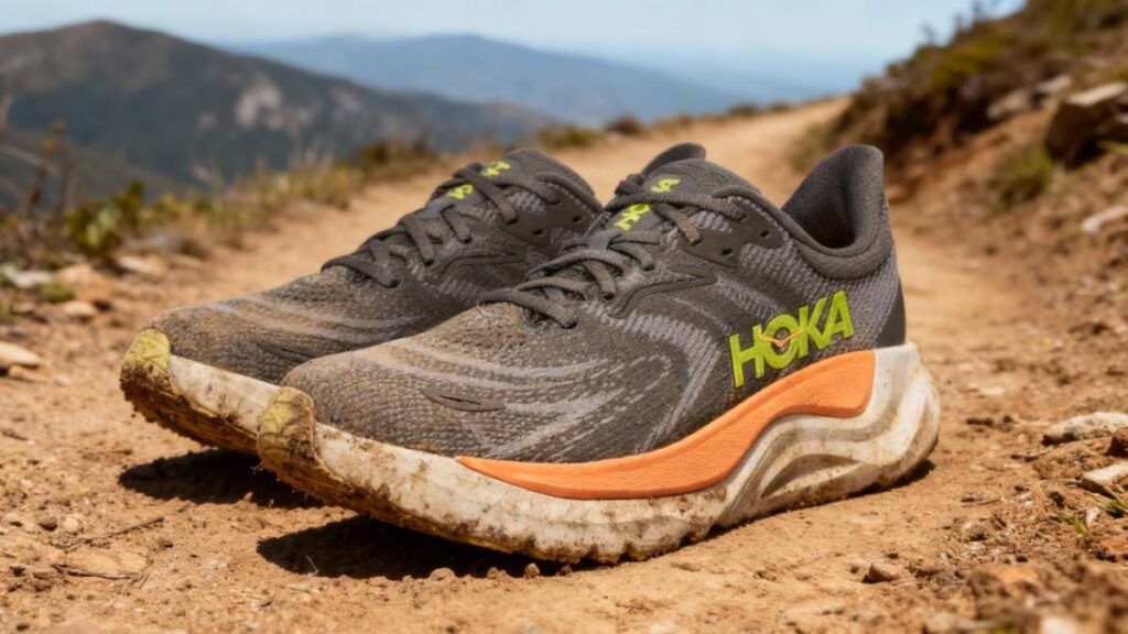 Pair of HOKA Arah 8 placed on a mount trail.