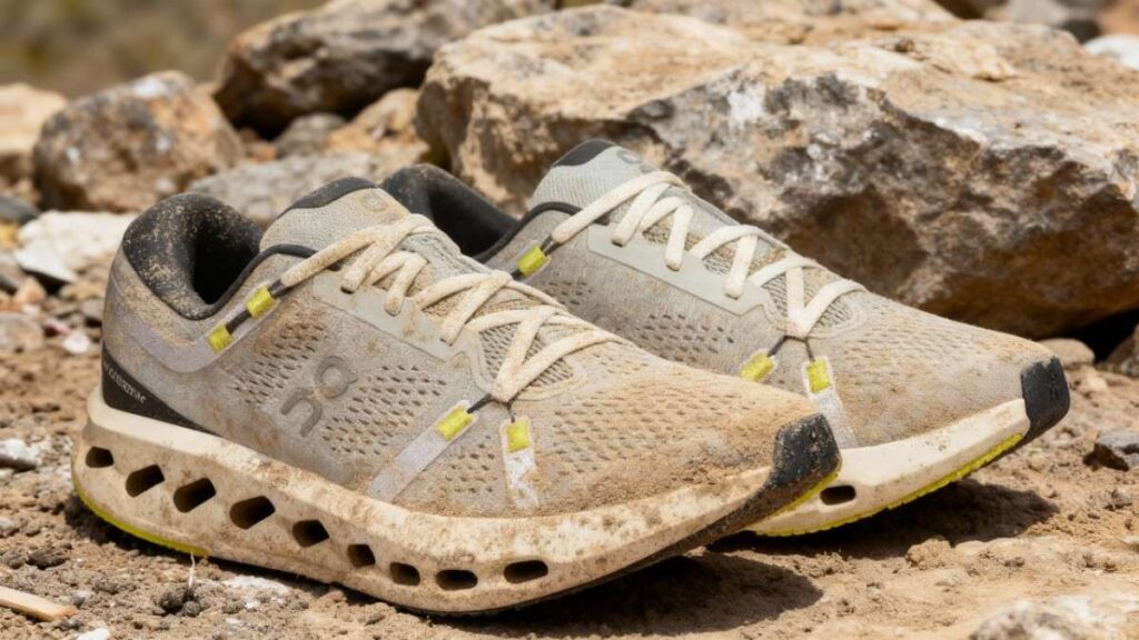 Pair of On Cloudsurfer 2 uttered in dirt after testing 85 miles.