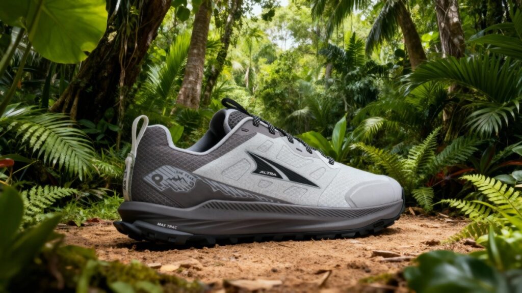 Cloe-up of Altra Lone Peak 9 displayed within the jungle.