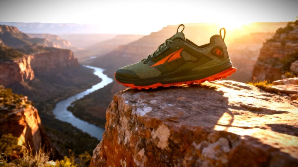 Altra Lone Peak 8 on a mount top.