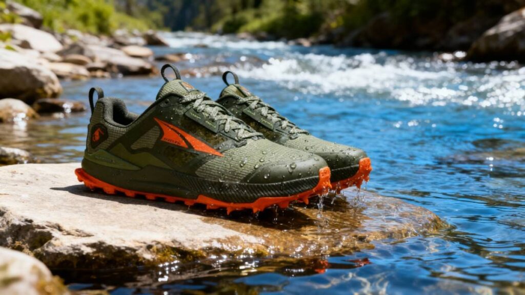 Altra Lone Peak 8 Placed on a rock side-by water stream.