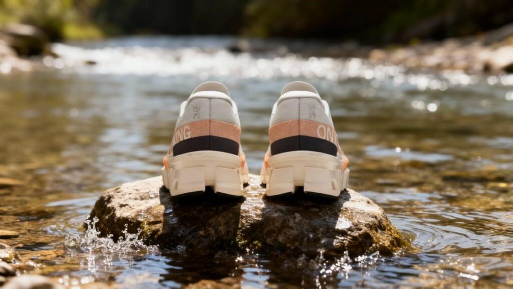 Back side shot of On Cloudmonster 2 displayed on a rock within water stream.