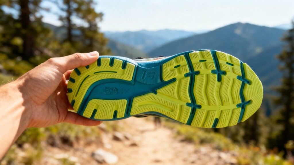 Hiker grabbing Brooks Ghost 15 while showing the outsole.
