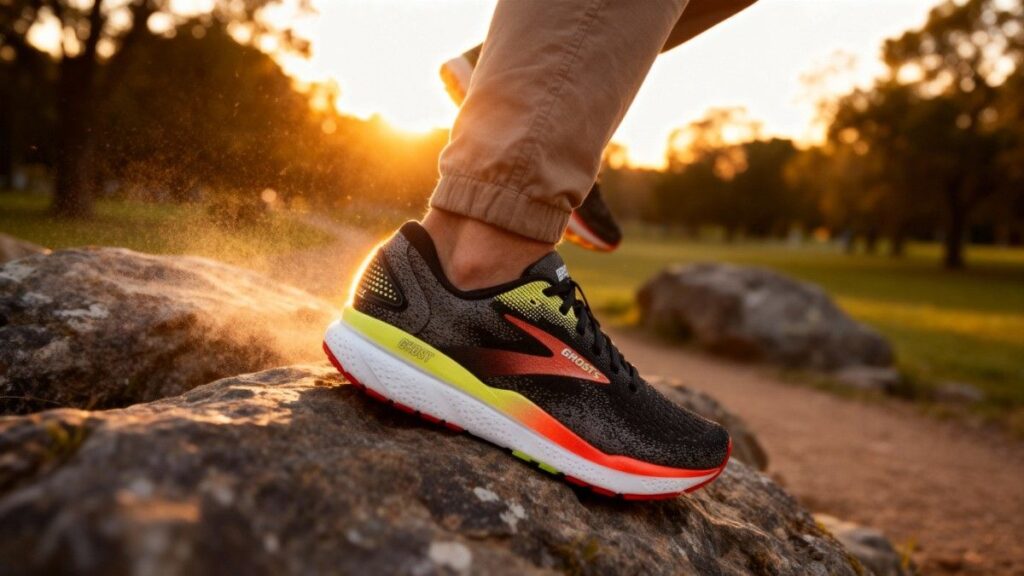 Hiker running on an uneven surface with Brooks Ghost 16.