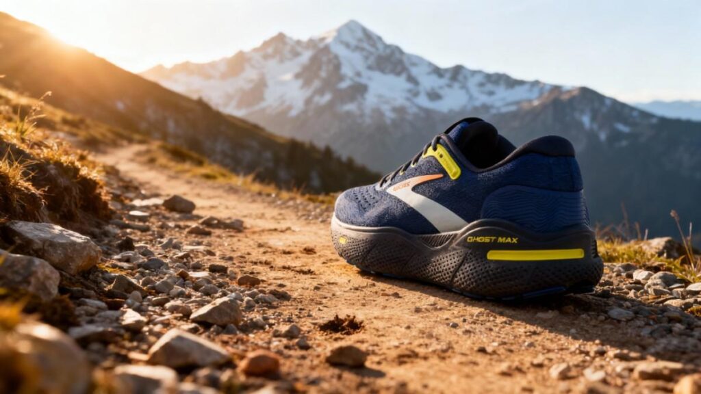 Back side view of Brooks Ghost Max placed on a mount trail.
