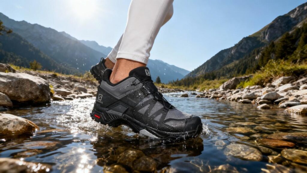 Hiker's legs shot crossing water stream with Salomon X Ultra 4 GTX.