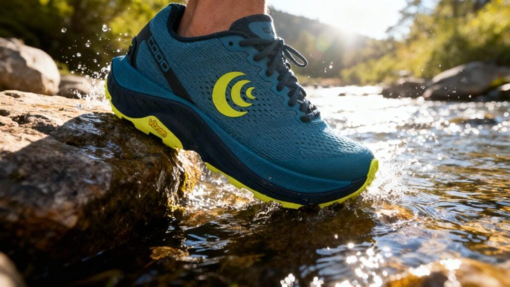 Close-up of Topo Ultraventure 3 with toe box touching water stream.