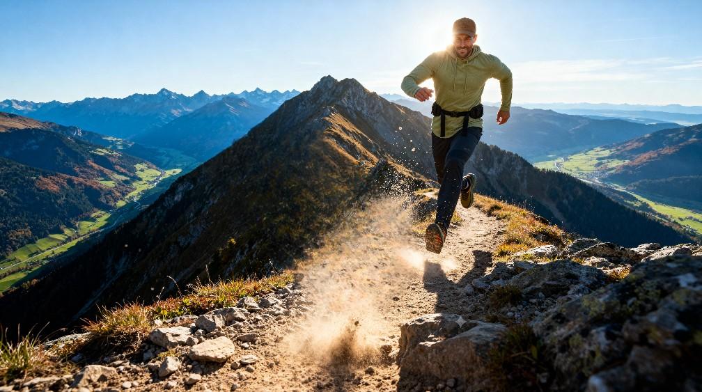 Hiker running on mountain trail while testing the HOka Speedgoat 5.