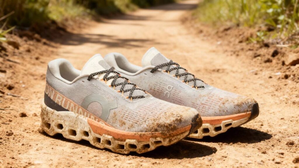 Pair of On Cloudmonster 2 placed on a dirt trail.