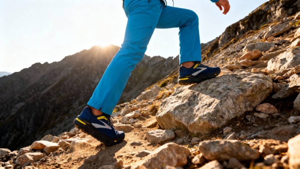 Hiker climbing uphill while wearing Brooks Ghost Max.
