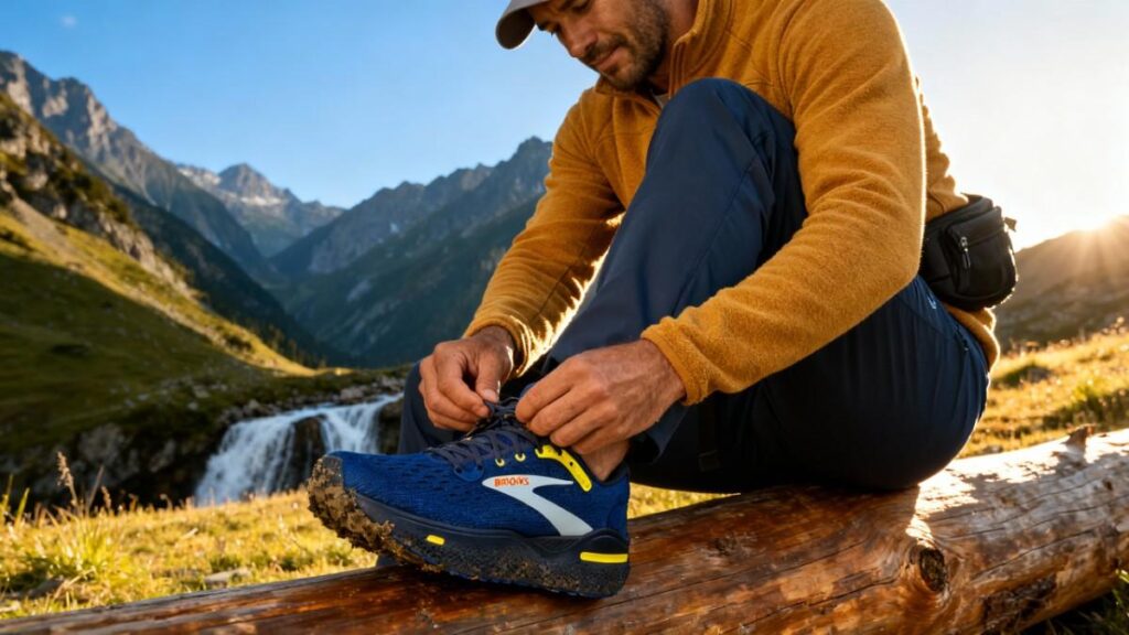 Hiking lacing up his Brooks Ghost Max.