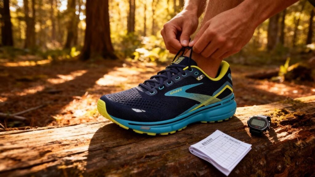 Hiker lacing his Brooks Ghost 15 on a wooden log.