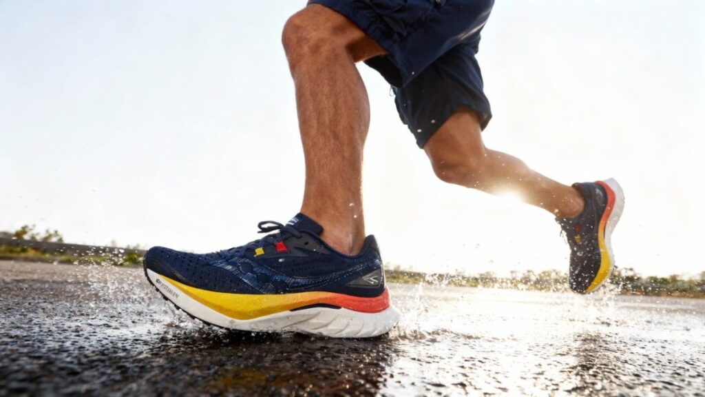 Action shot of hiker, running with Saucony Endorphin Speed 4.