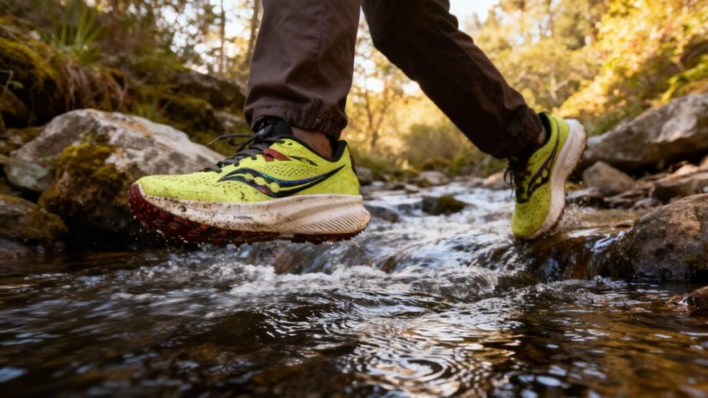 Hiker crossing water stream with Saucony Ride 15.