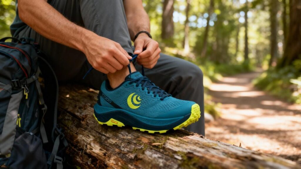 Hiker lacing up his Topo Ultraventure 3.