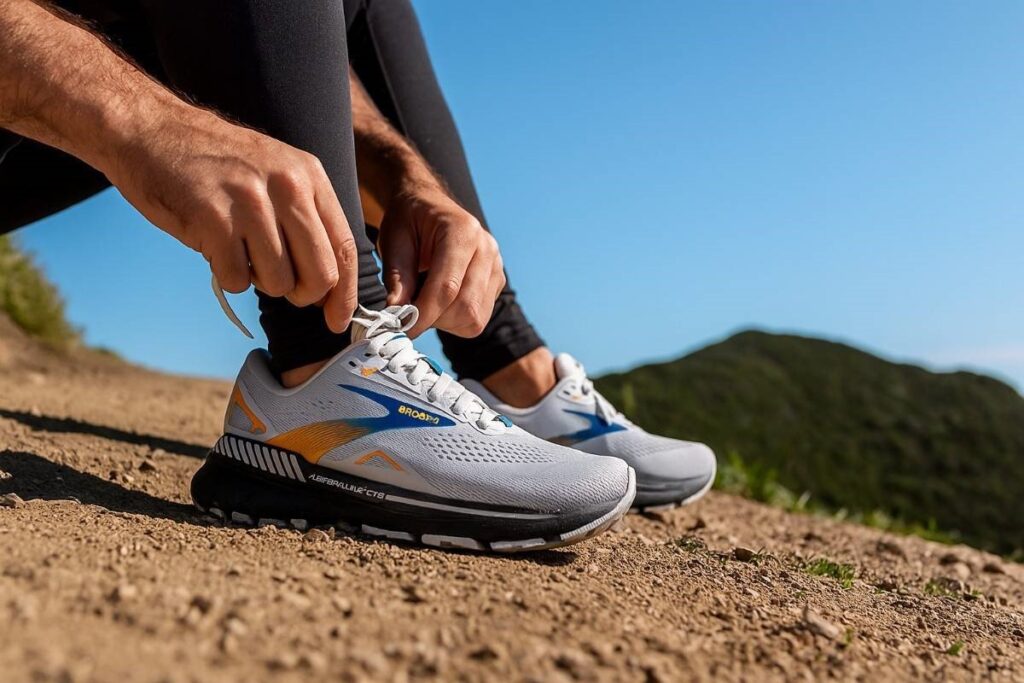 Close-up of hiker lacing up his Brooks Adrenaline GTS 23.