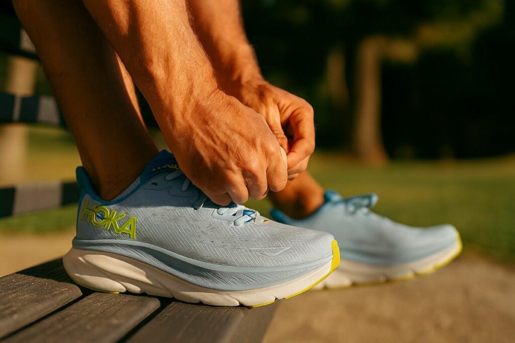 Close-up of hiker sitting on a wooden bench and lacing up his HOKA Clifton 9.