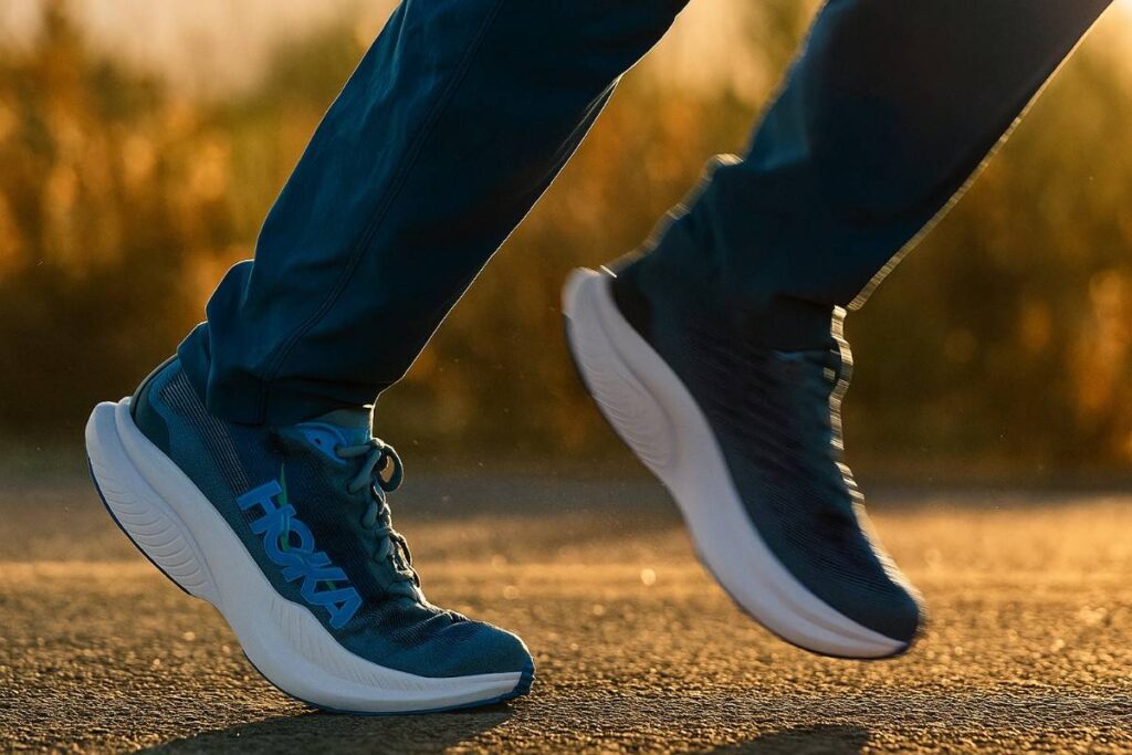 Close-up of action shot of a hike wearing HOKA Mach 6.