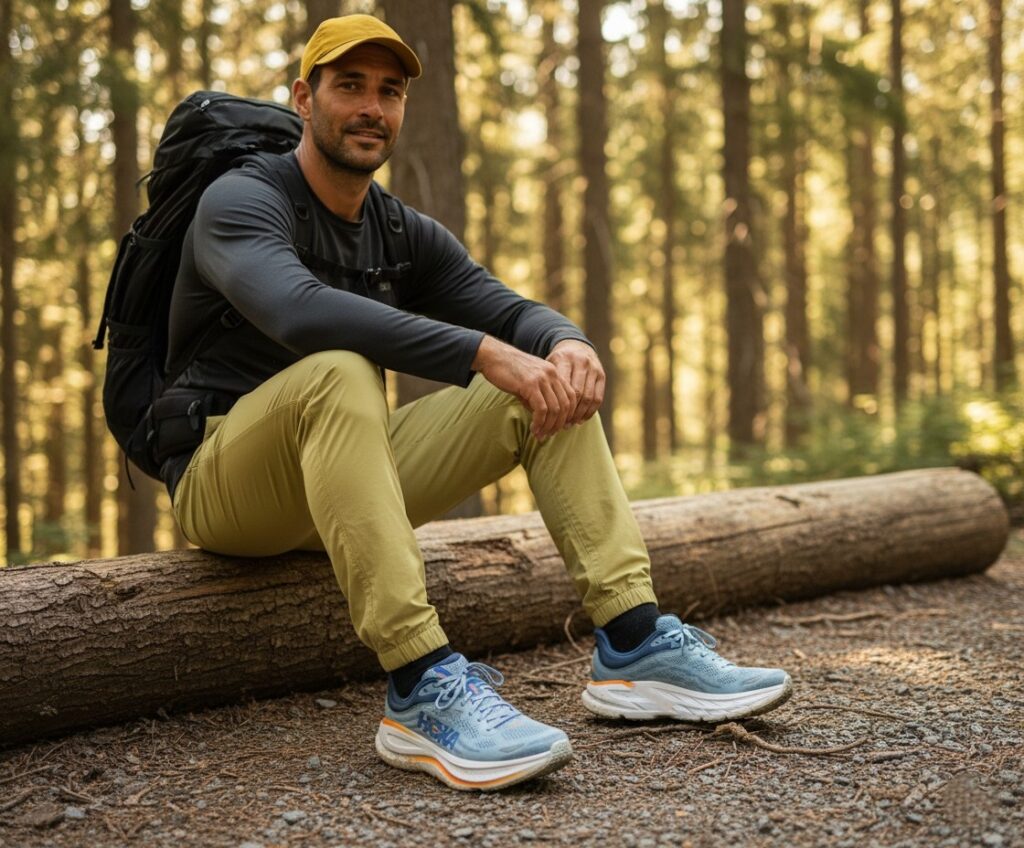 Hiker sitting on a log wearing HOKA Bondi 9.