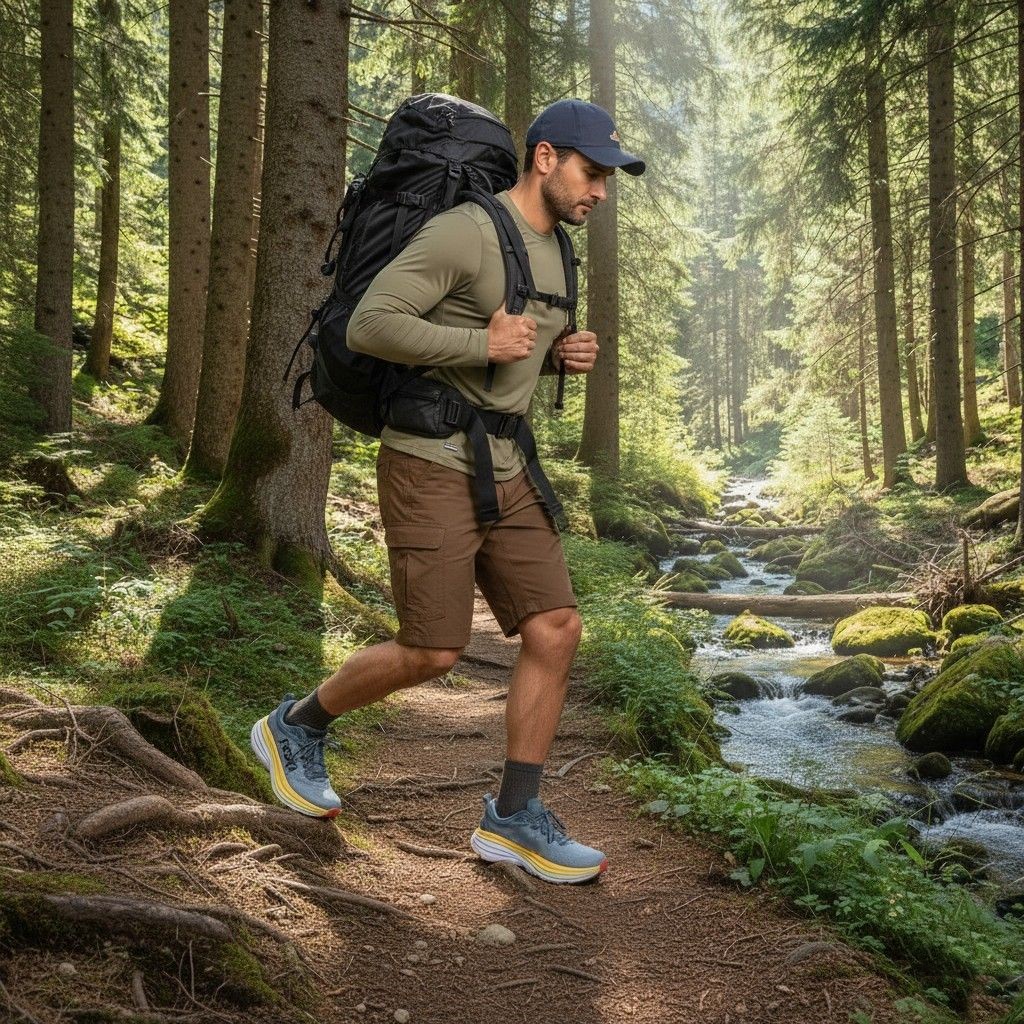 Hiker walking by a water stream while wearing HOKA Bondi 8.