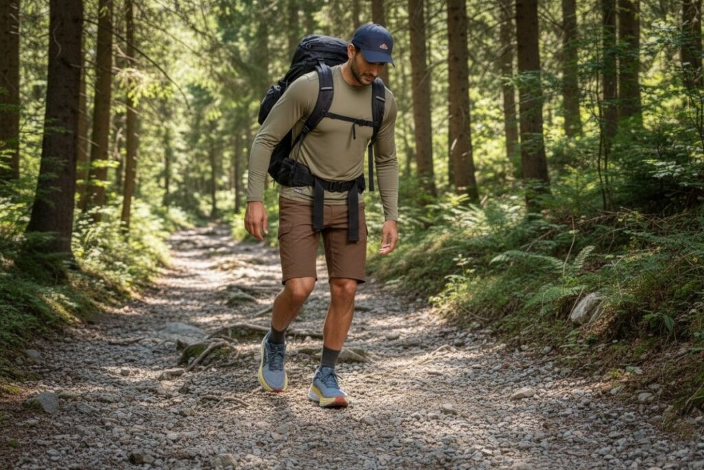 Hiker trekking through the forest trail wearing HOKA Bondi 8.