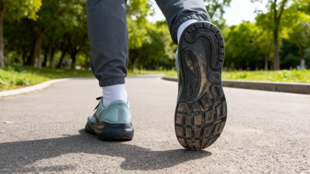 Visible outsole of Brooks Adrenaline GTS 24 while walking.