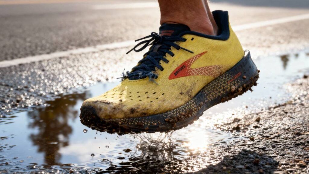Action shot on road trail, hiker's foot wearing Brooks Hyperion Tempo.