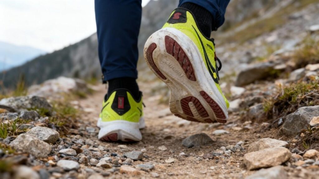 Hiker walking on a rocky surface with Saucony Ride 15.