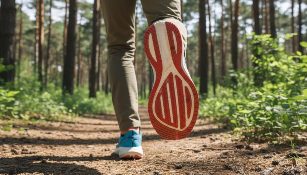 Hiker walking with Saucony Triumph 20 on a forest trail.
