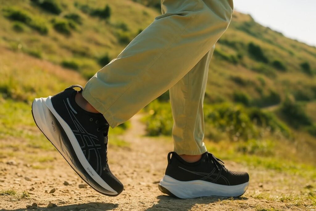 Action shot of hiker wearing ASICS GEL-Nimbus 26.