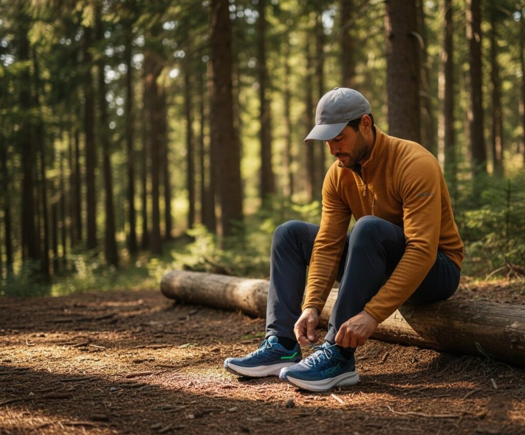 Hiker sitting on a log lacing up HOKA Mach 6.