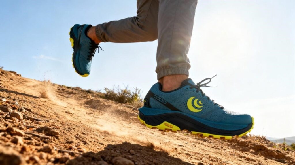 Action shot of hiker wearing Topo Ultraventure 3.