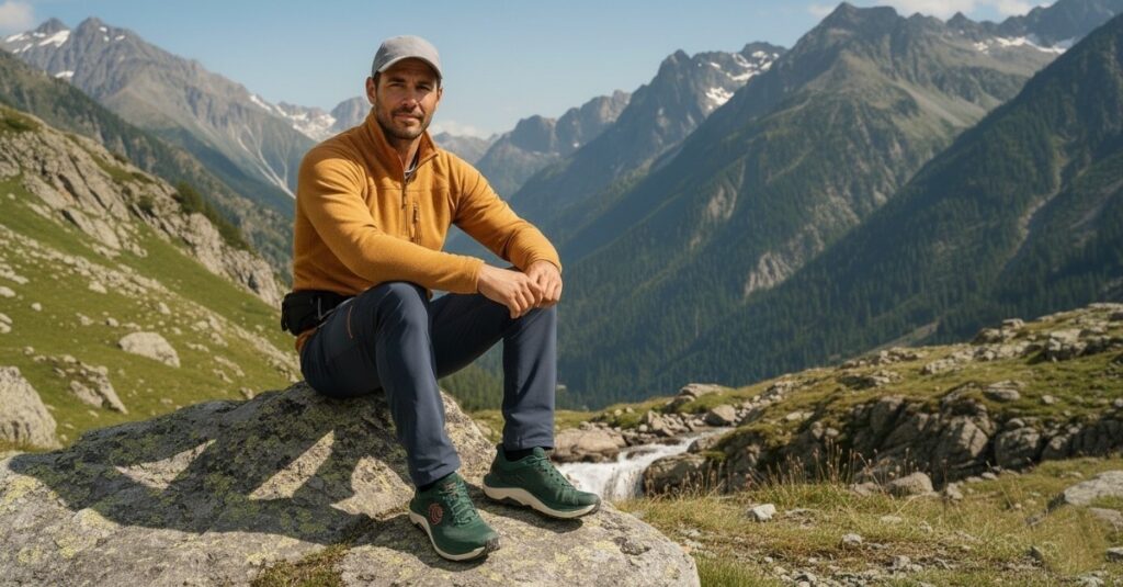 Hiker wearing Topo Ultraventure 4 & resting on a rock.