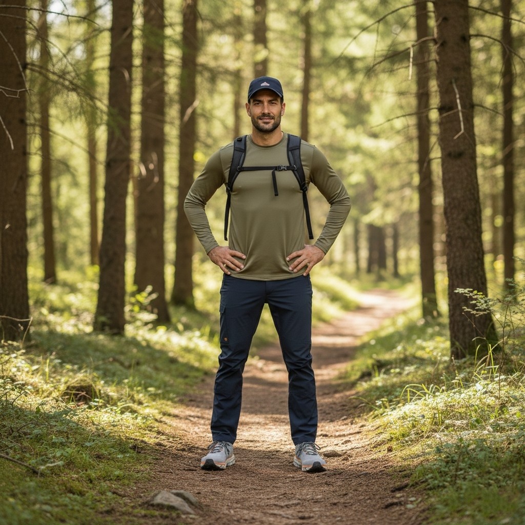 Hiker with a backpack and hands on hips wearing On Cloudmonster 2.